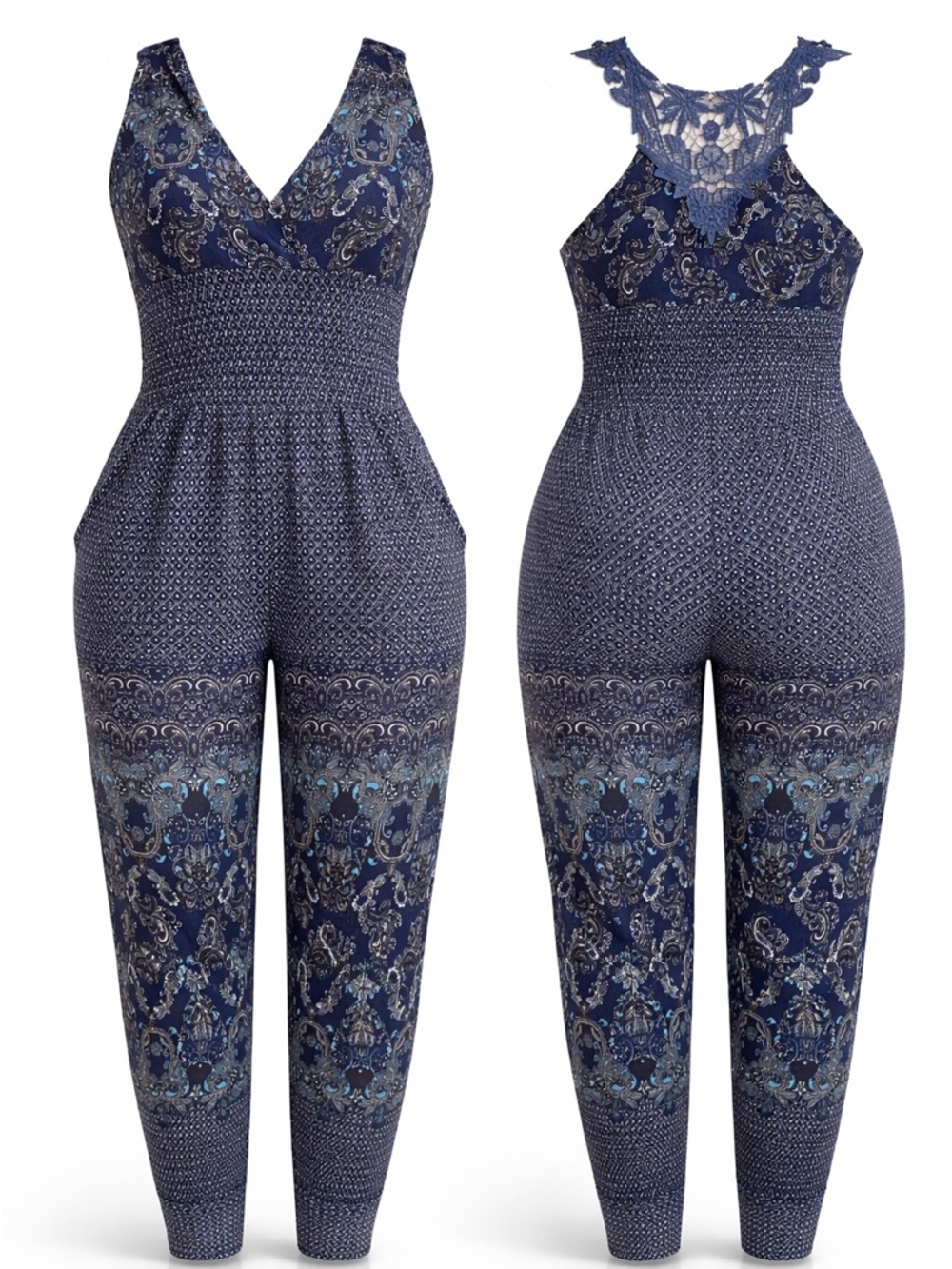 Navy Blue Paisley Print Jumpsuit with Lace Back, Elastic Waist and Po